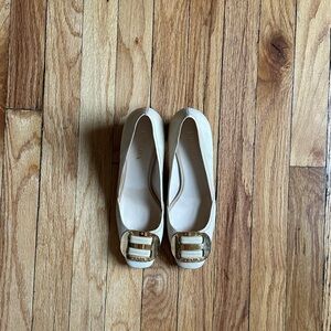 Prada Tan/Cream Pumps with Gold Buckles